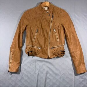 Free People Jacket Womens XS Brown Faux Leather Moto Zip Buckle We The Free